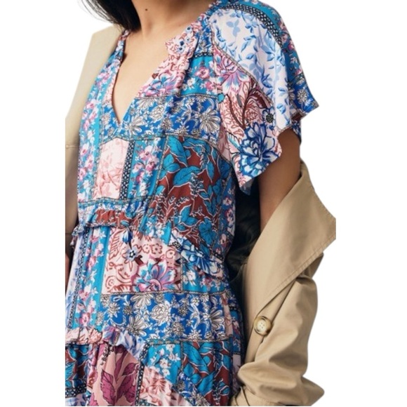 Anthropologie Robin Tiered Mini Dress Boho Floral Boho Floral - Pink Blue -Small - Picture 7 of 12